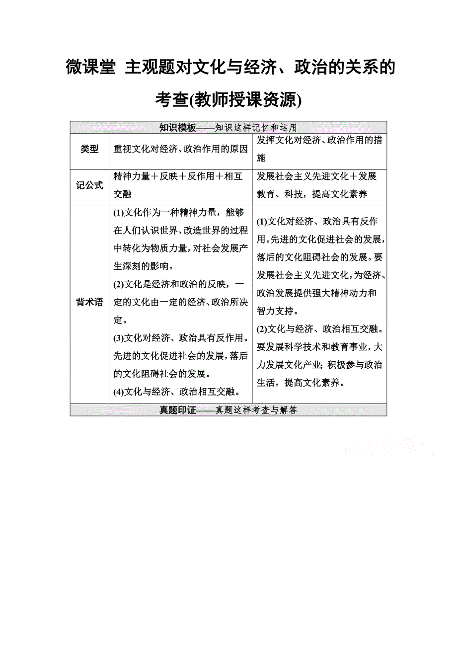 2022届高考统考政治人教版一轮复习教师用书：必修3 第9单元 微课堂 主观题对文化与经济、政治的关系的考查（教师授课资源） WORD版含解析.doc_第1页