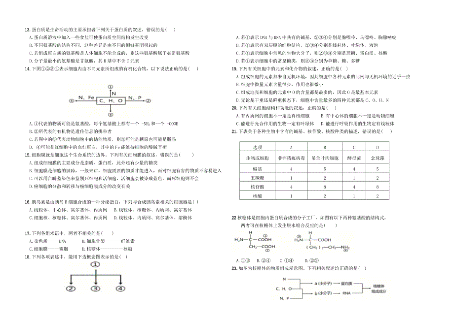 广西贵港市覃塘区覃塘高级中学2020-2021学年高一生物上学期10月月考试题.doc_第2页