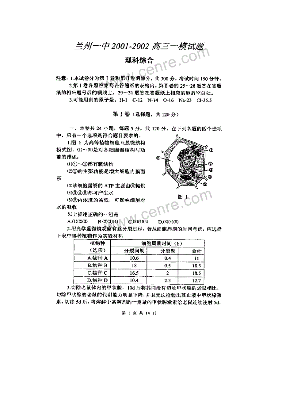 兰州一中高三第一次模拟考试理综.doc_第1页