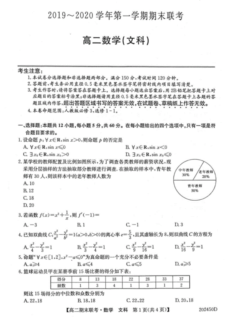 安徽省滁州市九校2019-2020学年高二上学期期末联考数学文试题 PDF版含答案.pdf_第1页