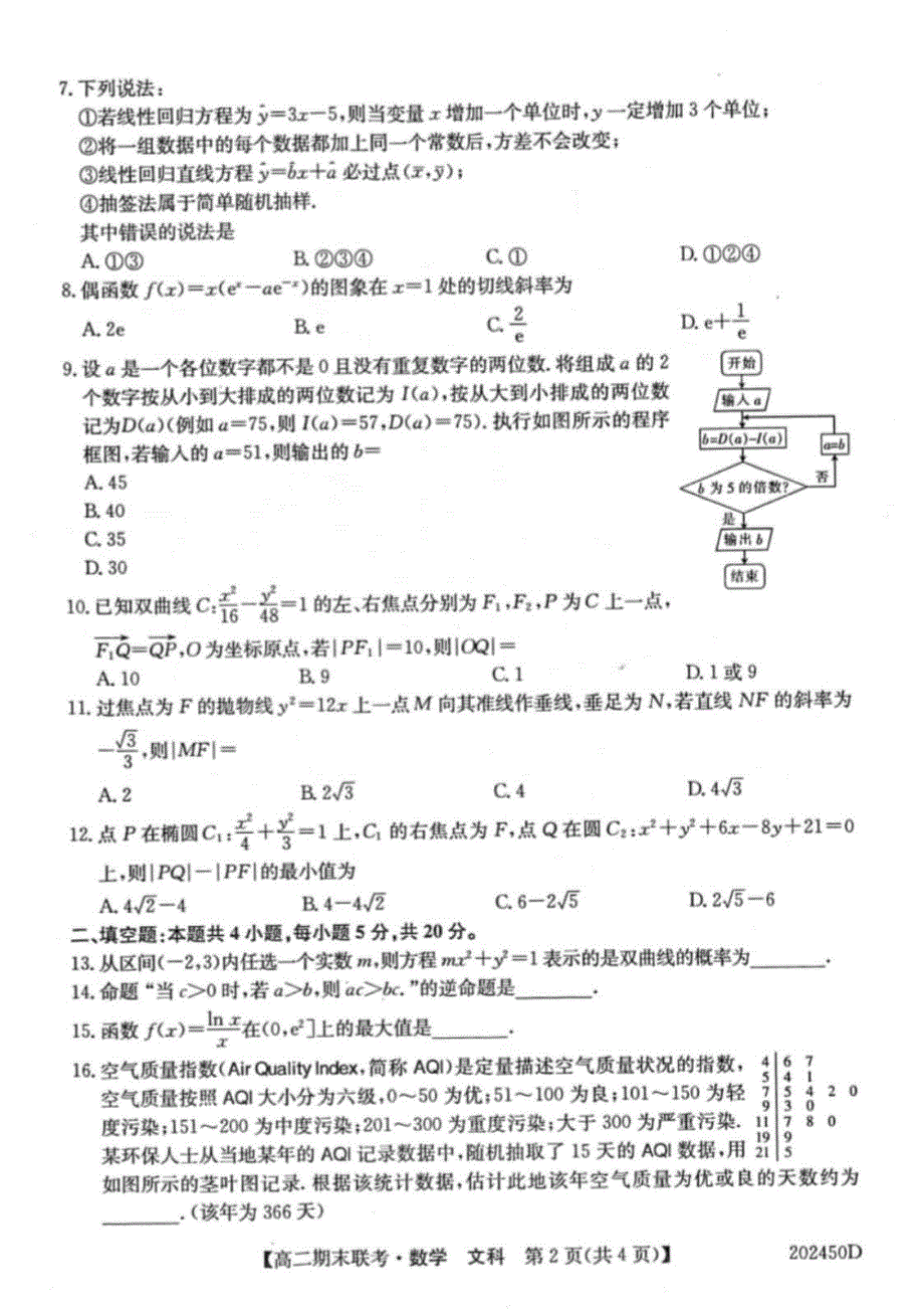 安徽省滁州市九校2019-2020学年高二上学期期末联考数学文试题 PDF版含答案.pdf_第2页