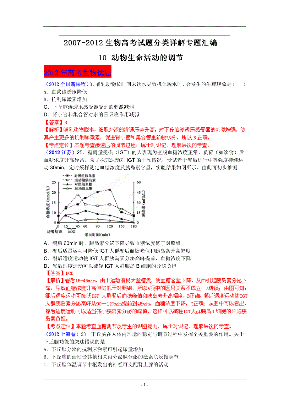 2013最新命题题库大全2007-2012年高考试题解析生物分项专题汇编 10 动物生命活动的调节.pdf_第1页