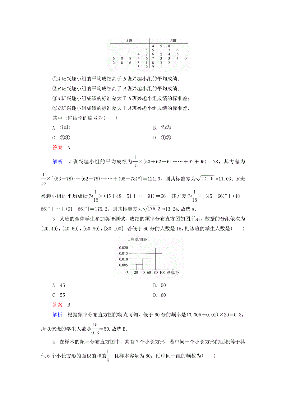 2021届高考数学一轮复习 第一部分 考点通关练 第八章 概率与统计 考点测试66 用样本估计总体（含解析）新人教B版.doc_第2页