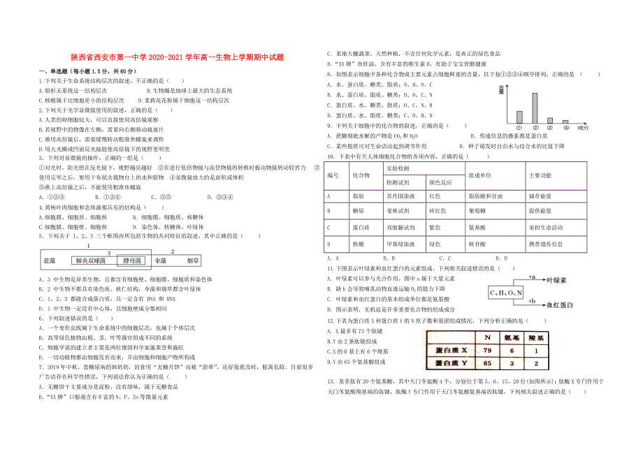 陕西省西安市第一中学2020-2021学年高一生物上学期期中试题.doc_第1页