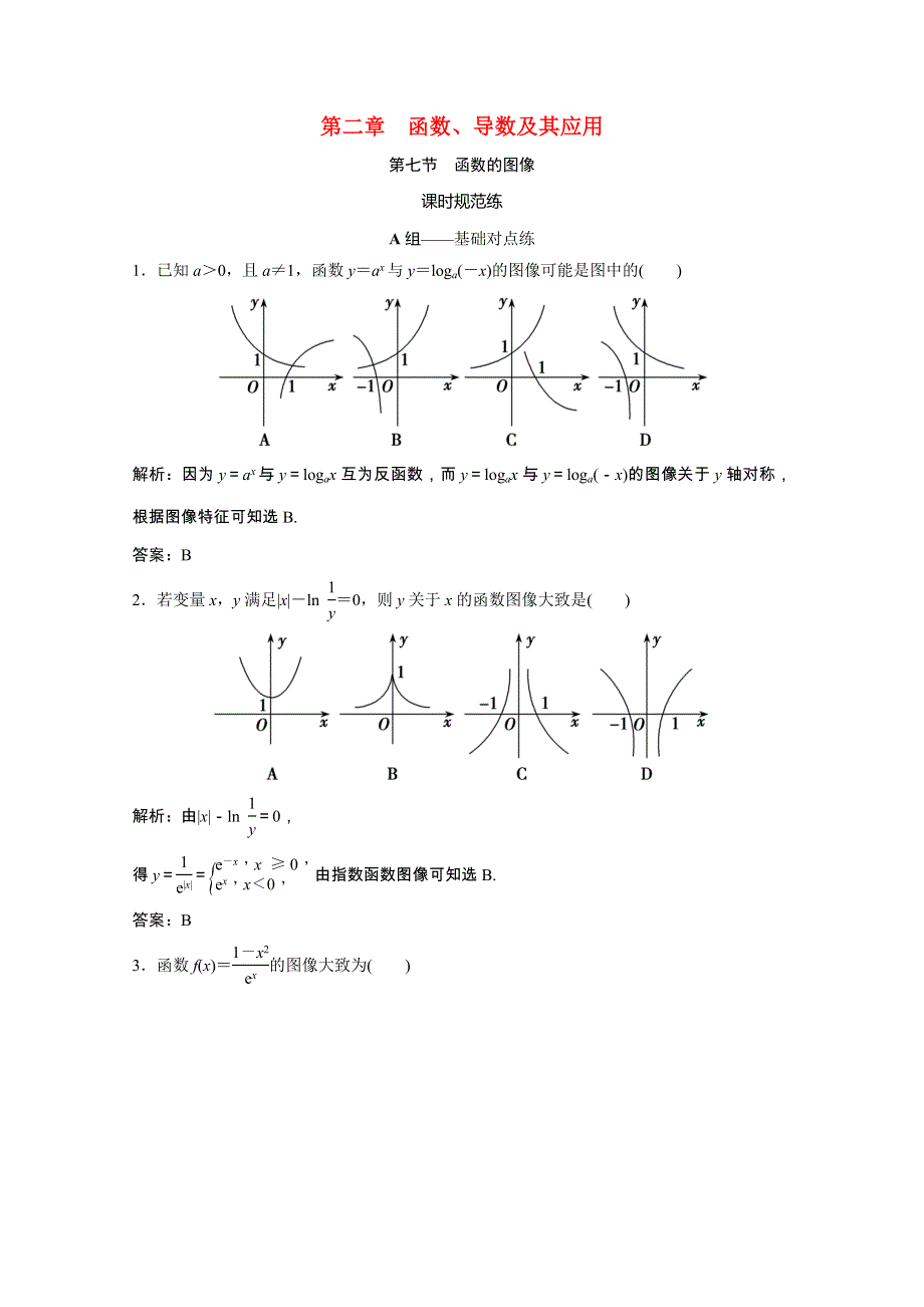 2021届高考数学一轮复习 第二章 函数、导数及其应用 第七节 函数的图像课时规范练（文含解析）北师大版.doc_第1页