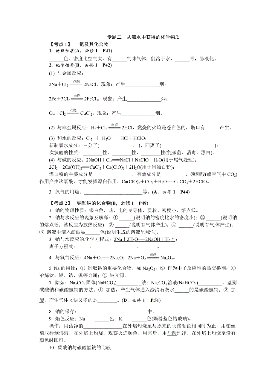 2013江苏省学业水平考试 高中化学 考点梳理：专题二 从海水中获得的化学物质（苏教版必修一）.doc_第1页