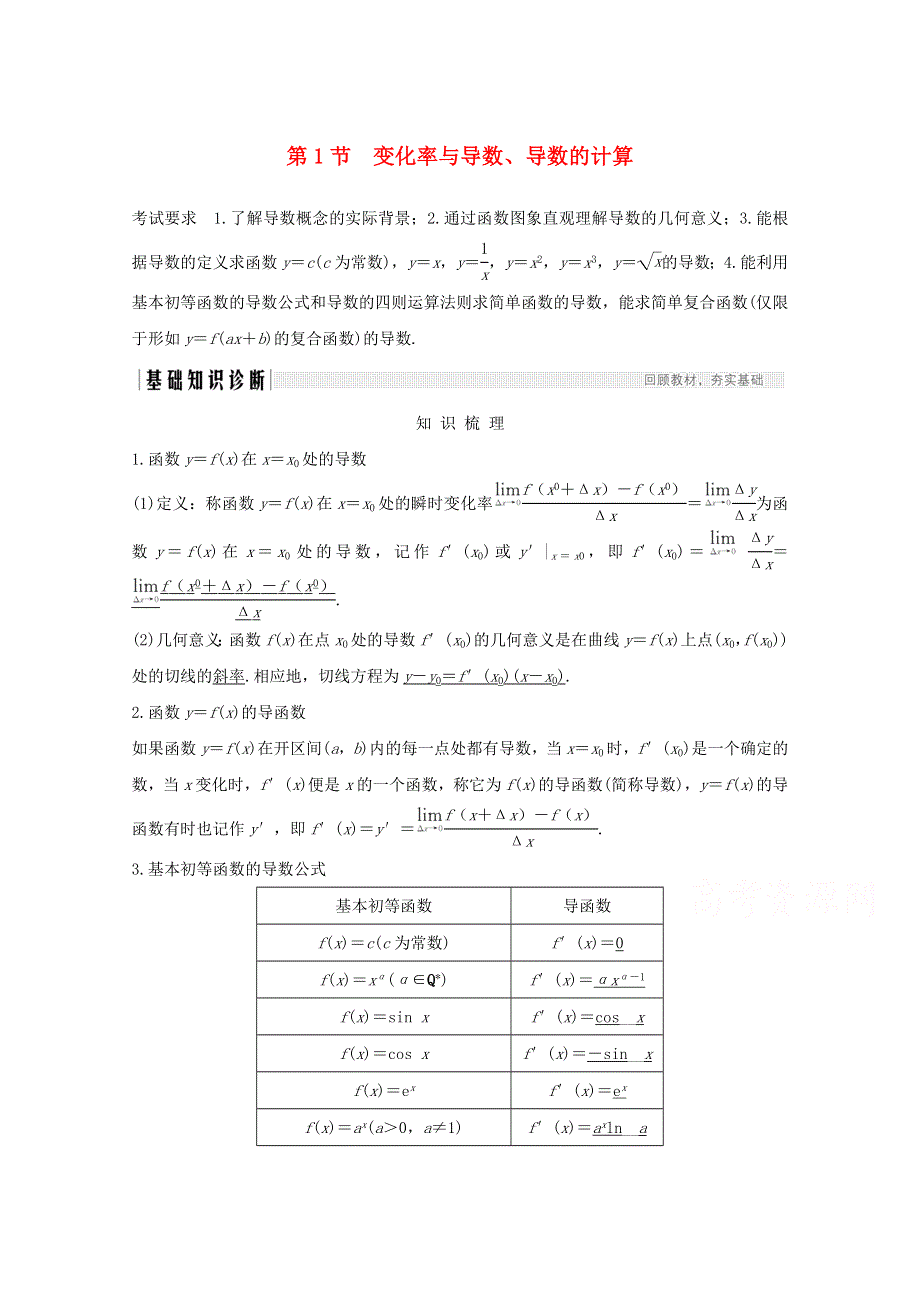 2021届高考数学一轮复习新人教A版教学案：第三章导数及其应用第1节变化率与导数导数的计算 WORD版含解析.doc_第1页