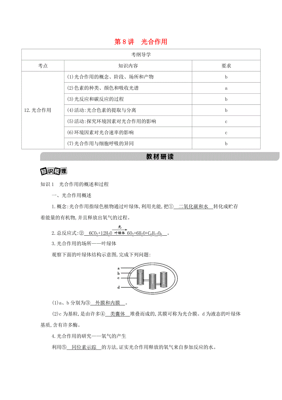 （浙江选考）2021高考生物一轮复习 第三单元 第8讲 光合作用讲义 提能作业（含解析）.docx_第1页