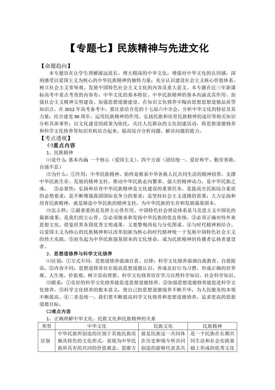 2012届高考政治二轮复习专题辅导资料：《专题七》民族精神与先进文化.doc_第1页