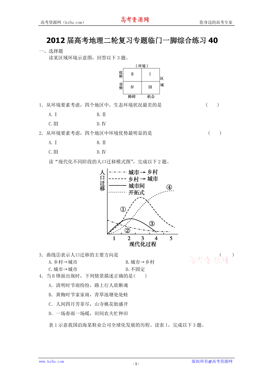 2012届高考地理二轮复习专题临门一脚综合练习40.doc_第1页