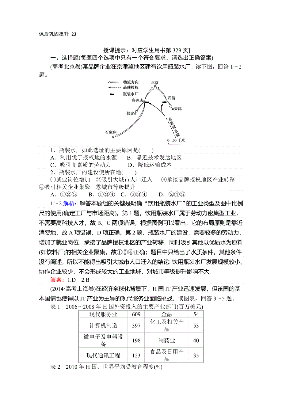 2018高考地理（人教）一轮复习（检测）第十单元　工业地域形成与发展 课后巩固提升 23 WORD版含解析.doc_第1页