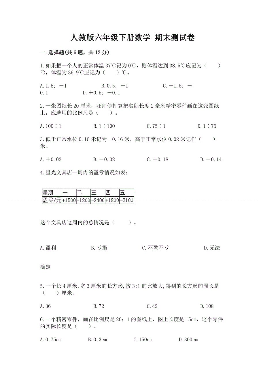 人教版六年级下册数学 期末测试卷附答案【完整版】.docx_第1页