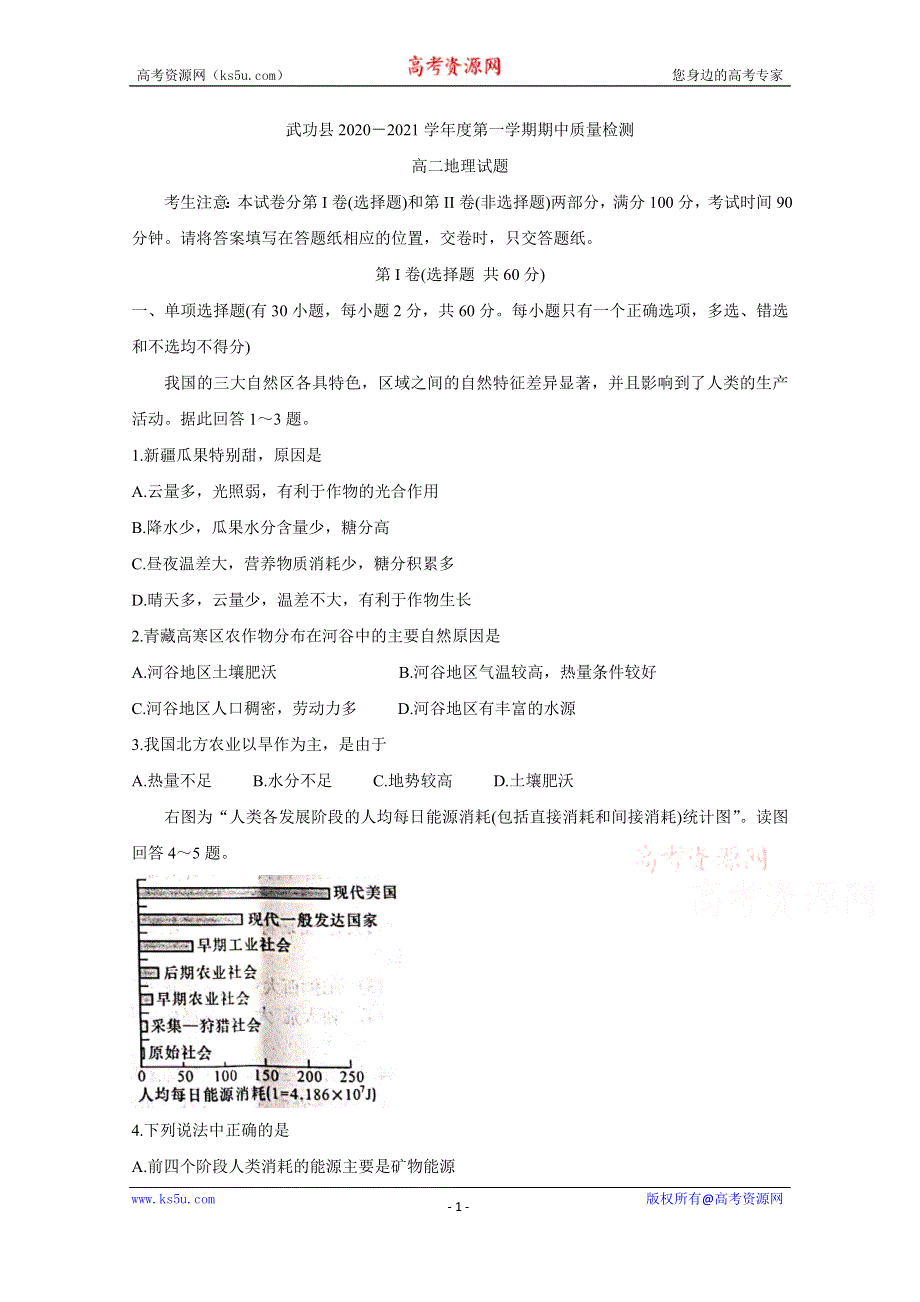 《发布》陕西省咸阳市武功县2020-2021学年高二上学期期中考试 地理 WORD版含答案BYCHUN.doc_第1页