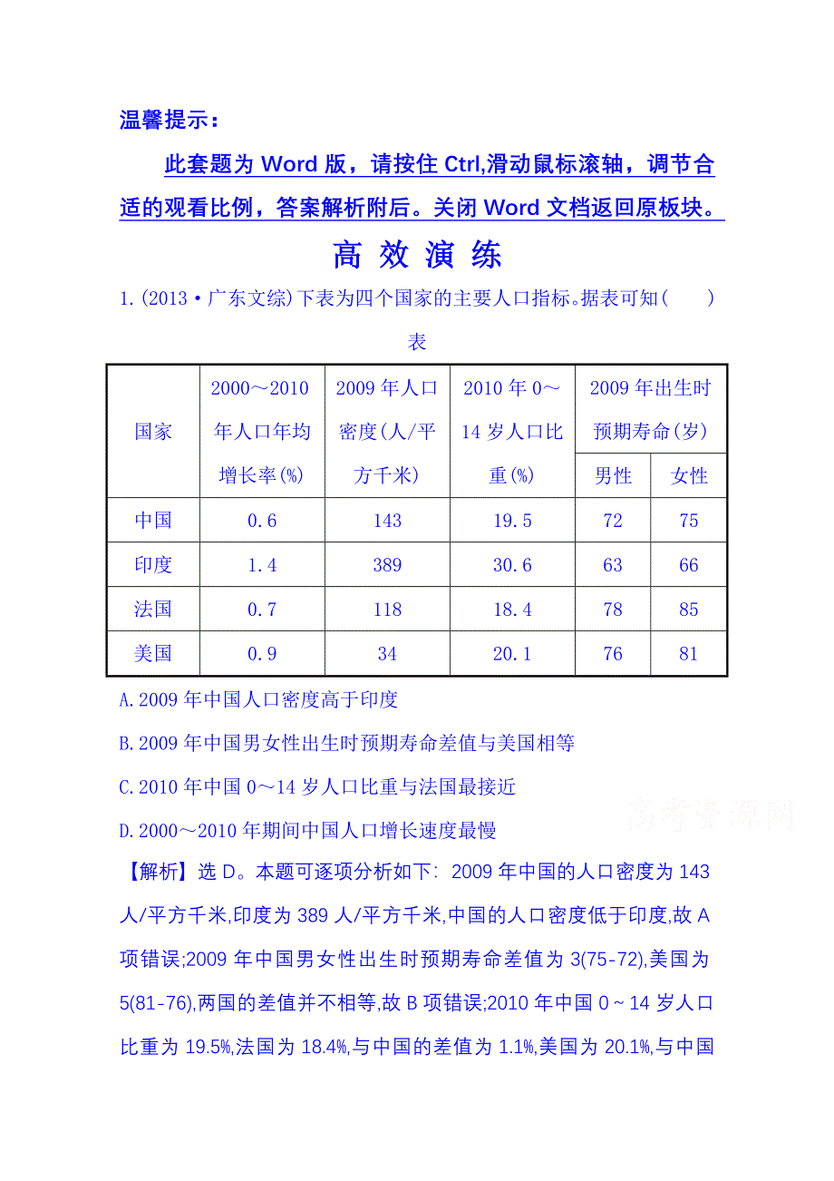 《全程复习方略》2015届高考地理二轮专题突破 高效演练 专题二 1.2.1人口、城市与交通问题.doc_第1页