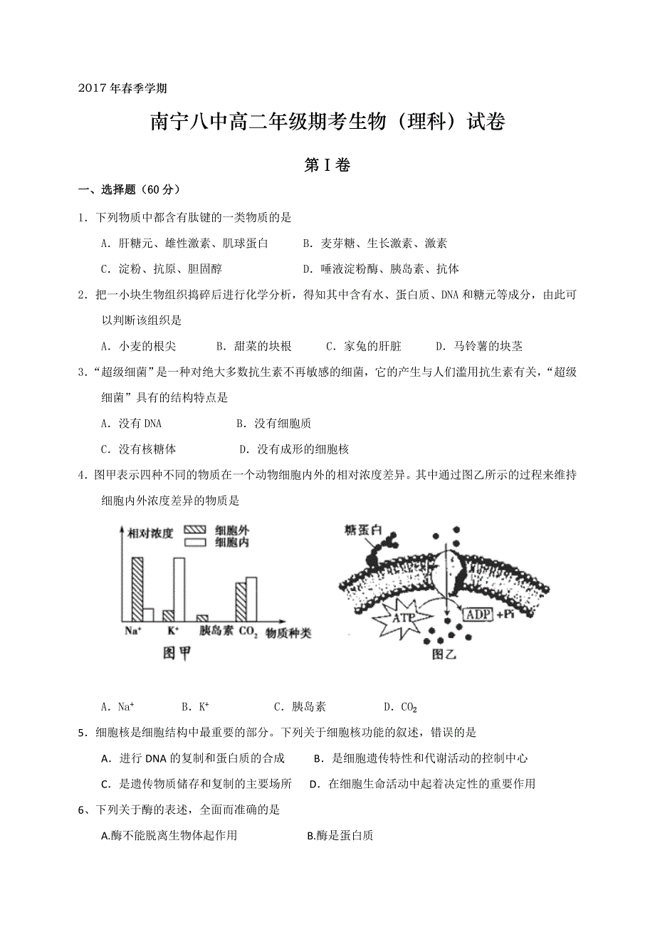 广西南宁市第八中学2016-2017学年高二下学期期末考试生物试题 WORD版缺答案.doc_第1页