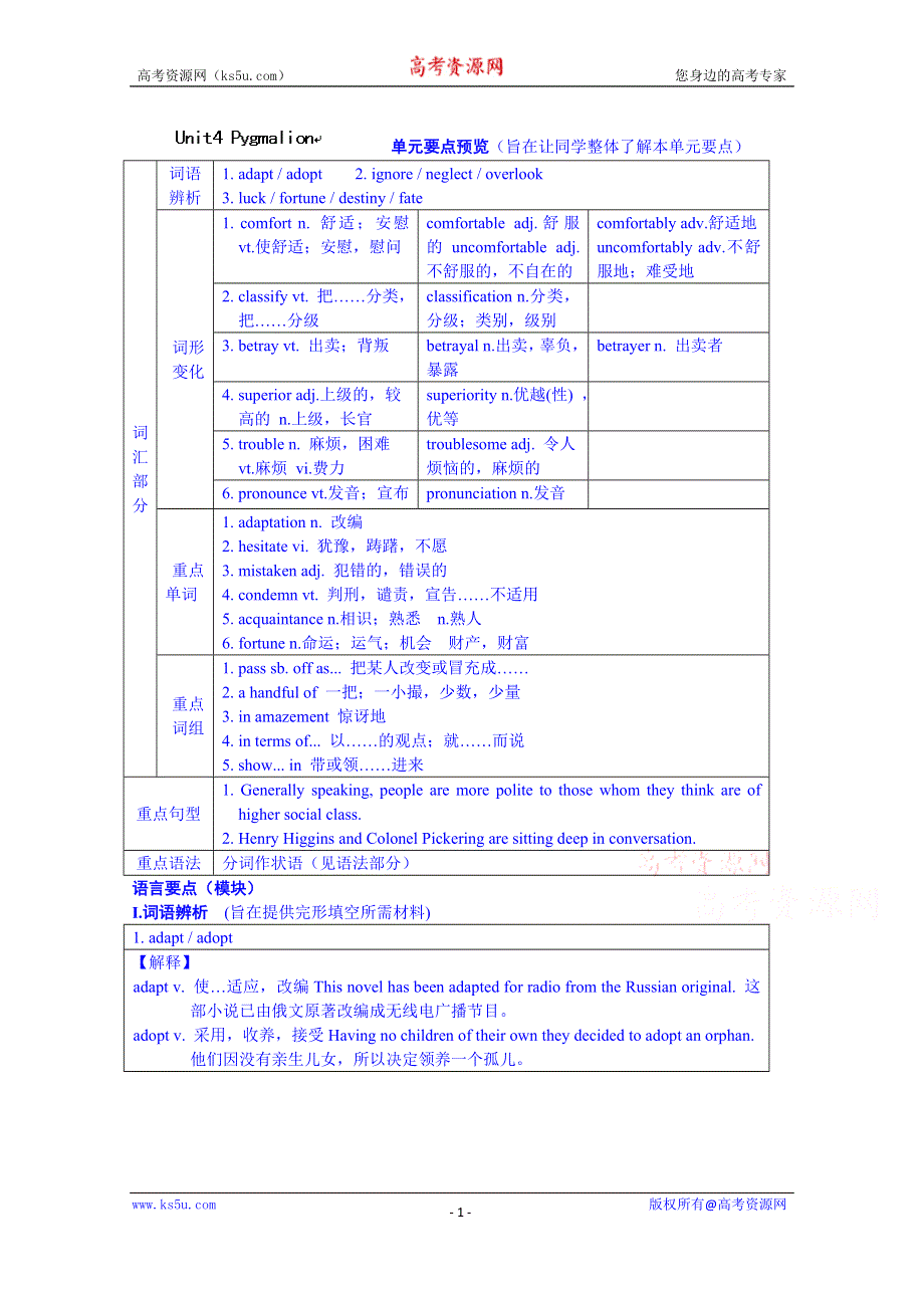 广东省化州市实验中学高中英语选修八学案：UNIT4 PYGMALION.doc_第1页