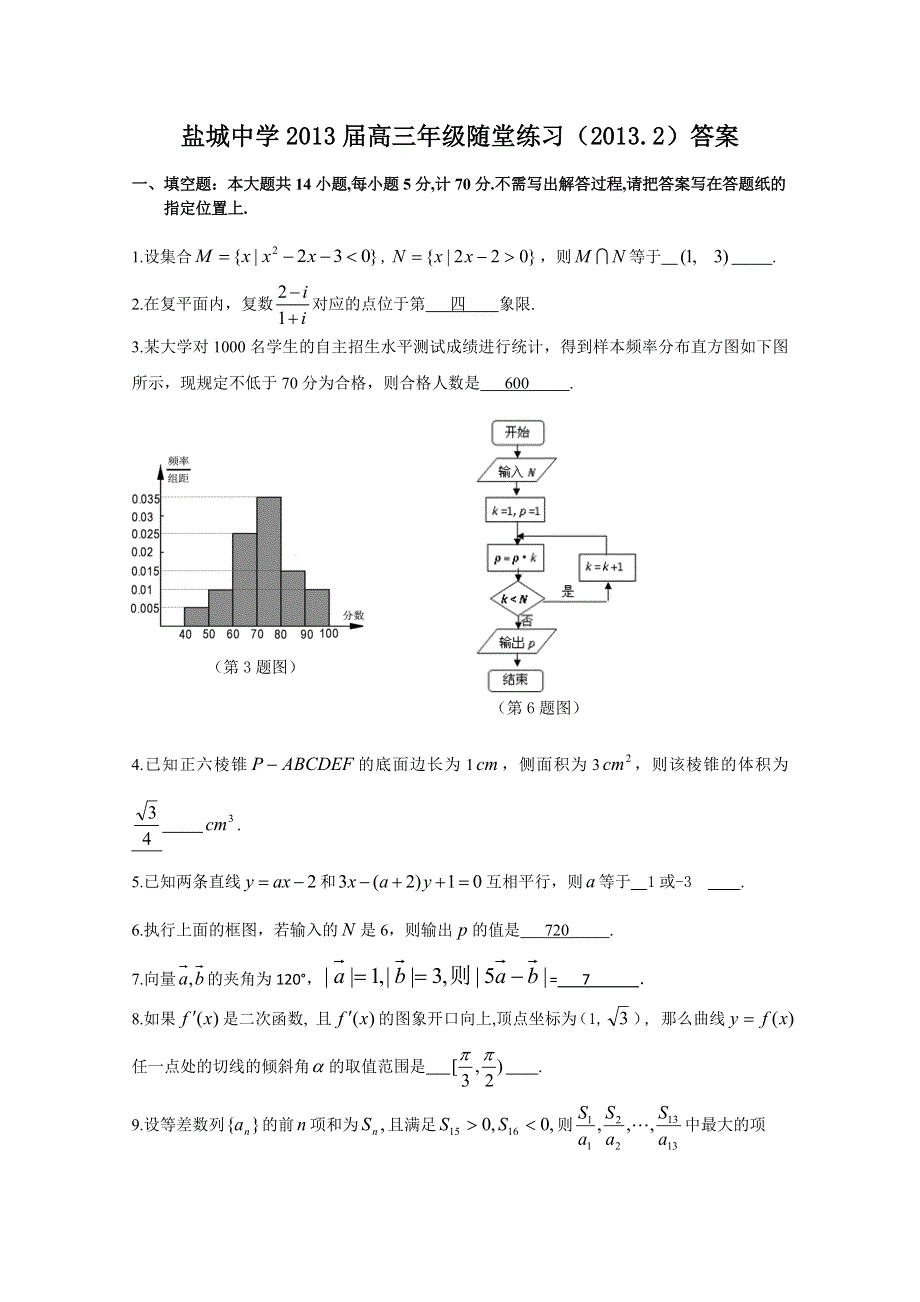 《首发》江苏省盐城中学2013届高三下学期开学考试 数学 WORD版含答案.doc_第1页