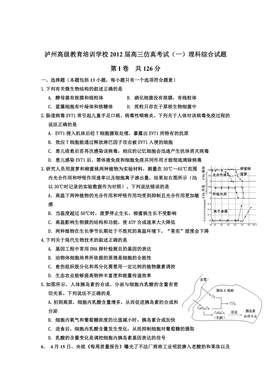 四川省泸州高级教育培训学校2012届高三仿真考试（一）理科综合试题.doc_第1页