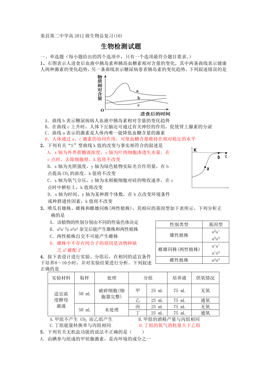 四川省渠县第二中学2012届高三上学期生物总复习检测（10）.doc_第1页