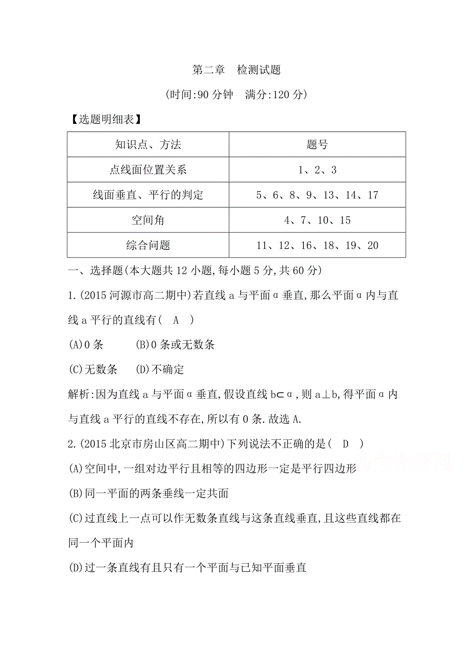 2016人教版高中数学人教A版必修2检测题 第二章 点、直线、平面之间的位置关系 检测试题 WORD版含答案.doc_第1页