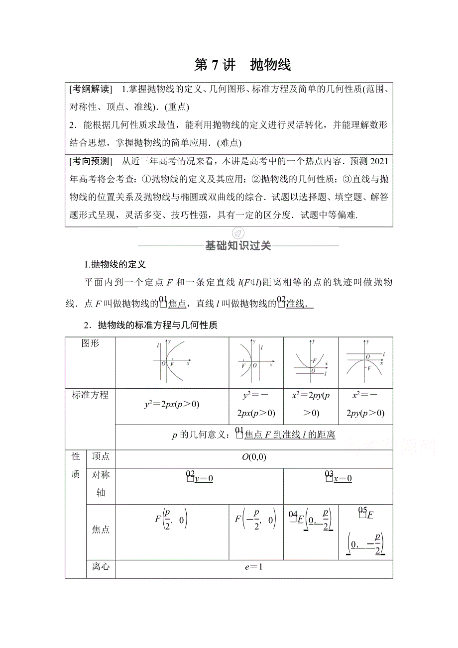 2021届高考数学人教版一轮创新教学案：第8章 第7讲　抛物线 WORD版含解析.doc_第1页