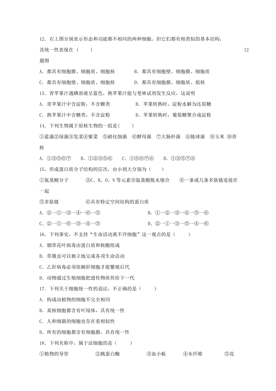 广东省北大附中深圳南山分校2019-2020学年高一上学期期中考试生物试题 WORD版含答案.doc_第3页