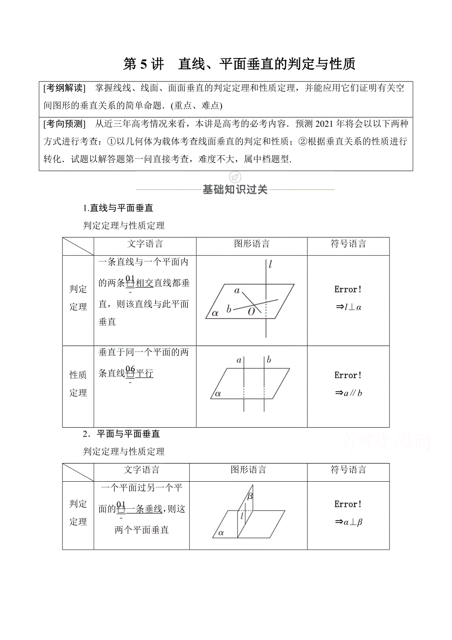 2021届高考数学人教版一轮创新教学案：第7章 第5讲　直线、平面垂直的判定与性质 WORD版含解析.doc_第1页