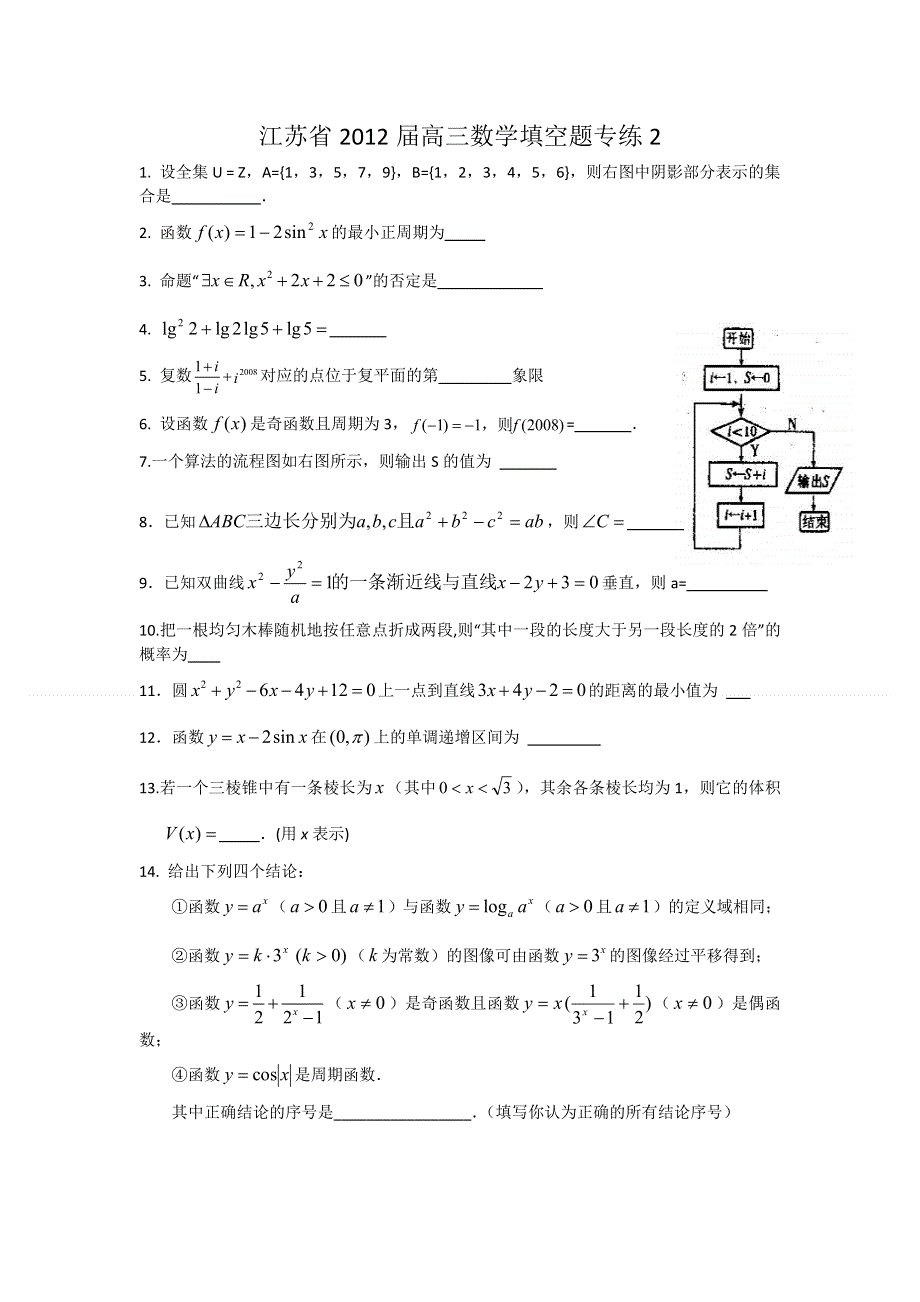 2012届高考数学第二轮填空题专题练习2.doc_第1页