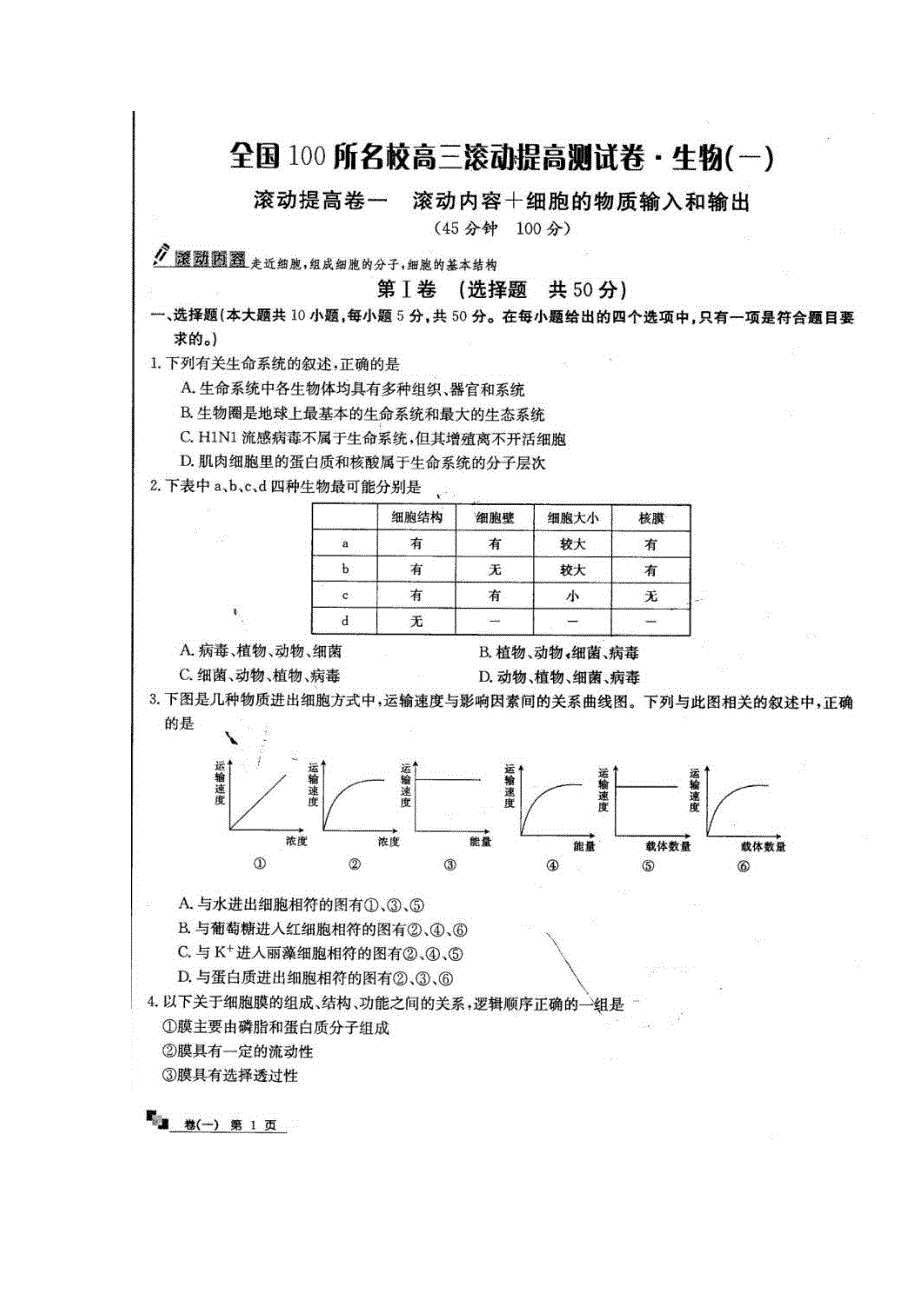 2016全国100所名校高三滚动提高卷示范卷&生物（一） 扫描版含答案.doc_第1页