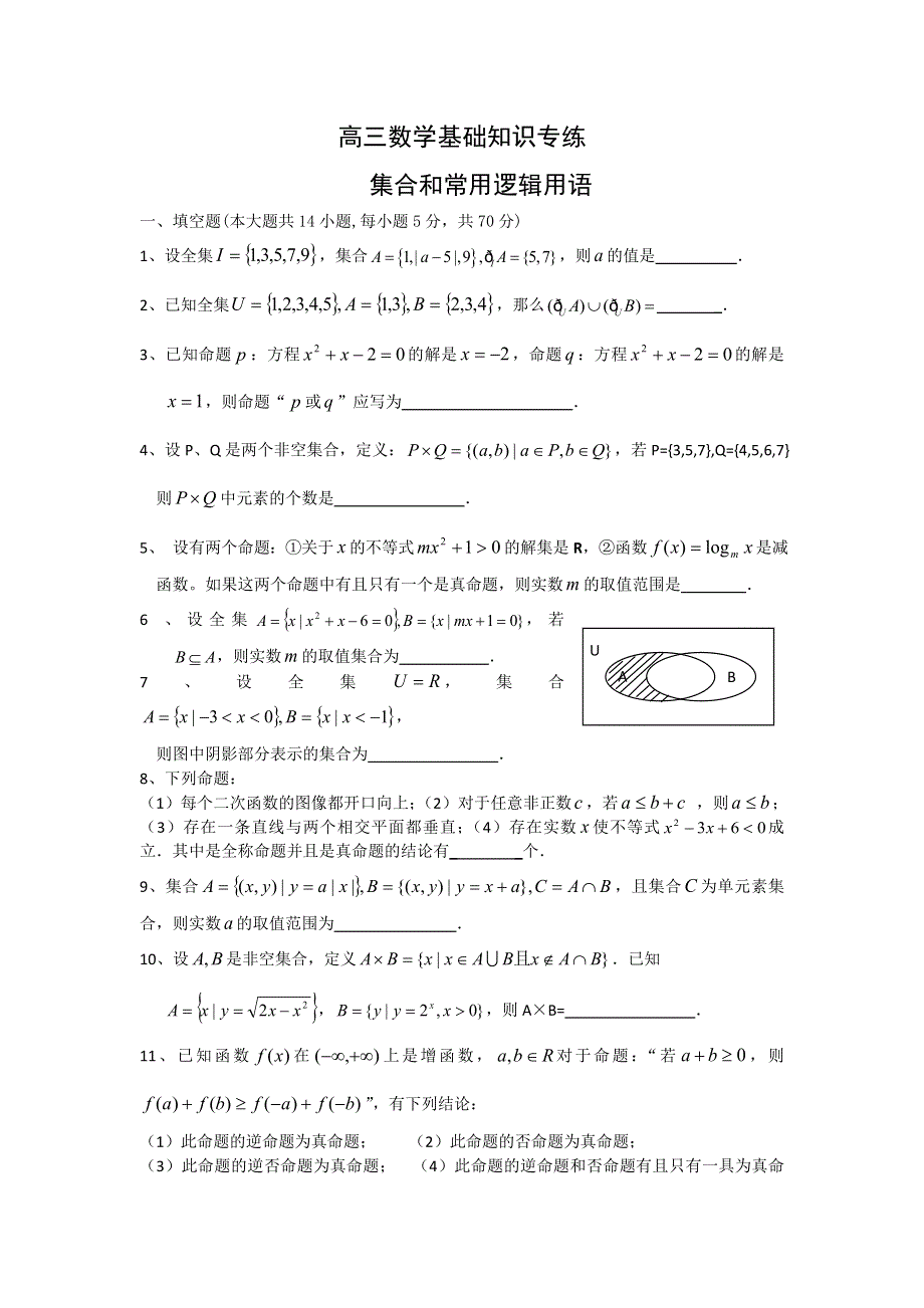 2012届高考数学考前60天基础知识专练1 集合和常用逻辑用语.doc_第1页