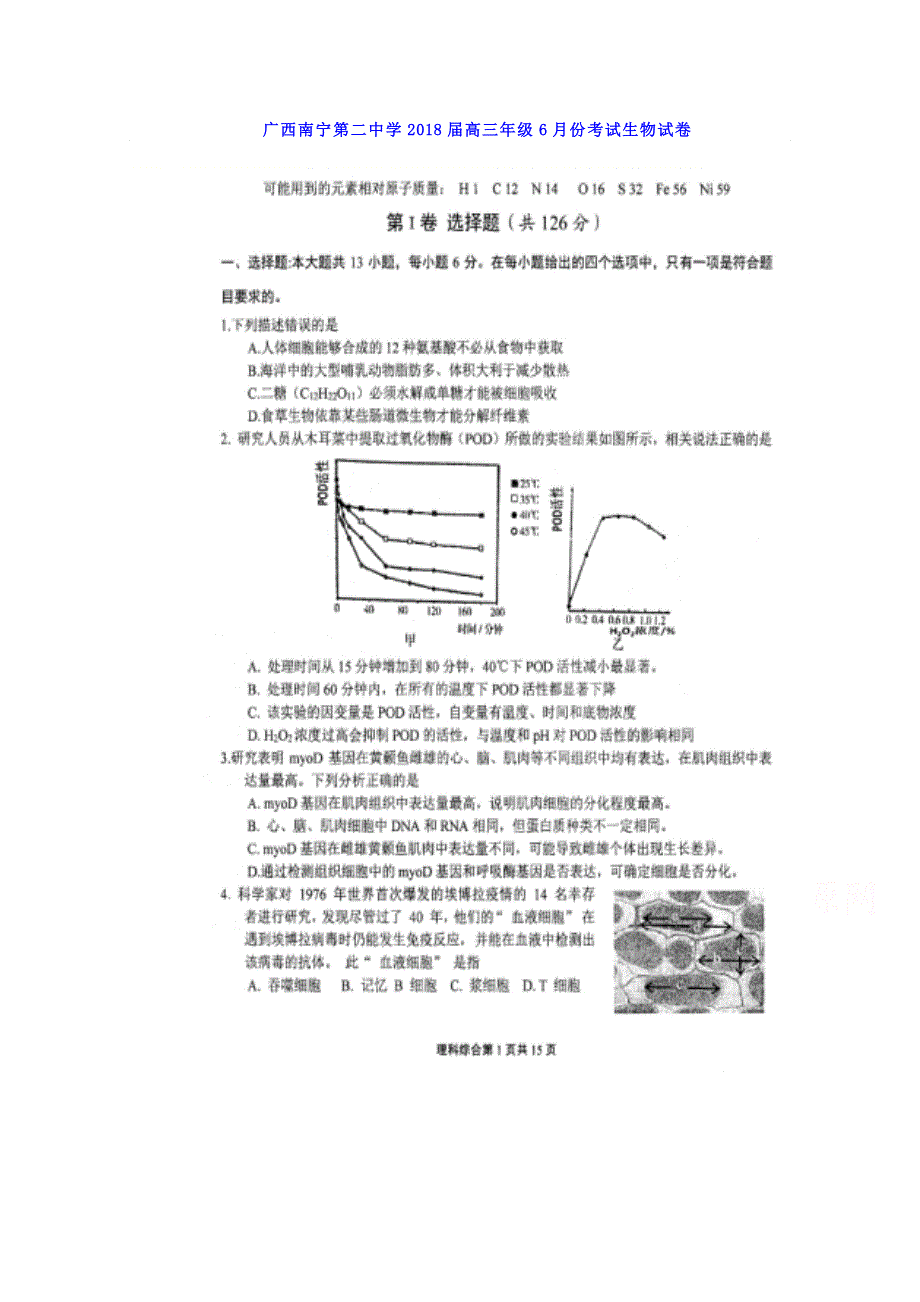 广西南宁第二中学2018届高三6月份考试生物试卷 扫描版含答案.doc_第1页