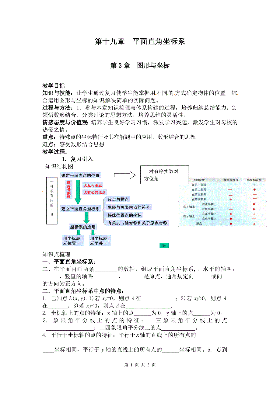 冀教版八下第十九章平面直角坐标系复习教案.doc_第1页