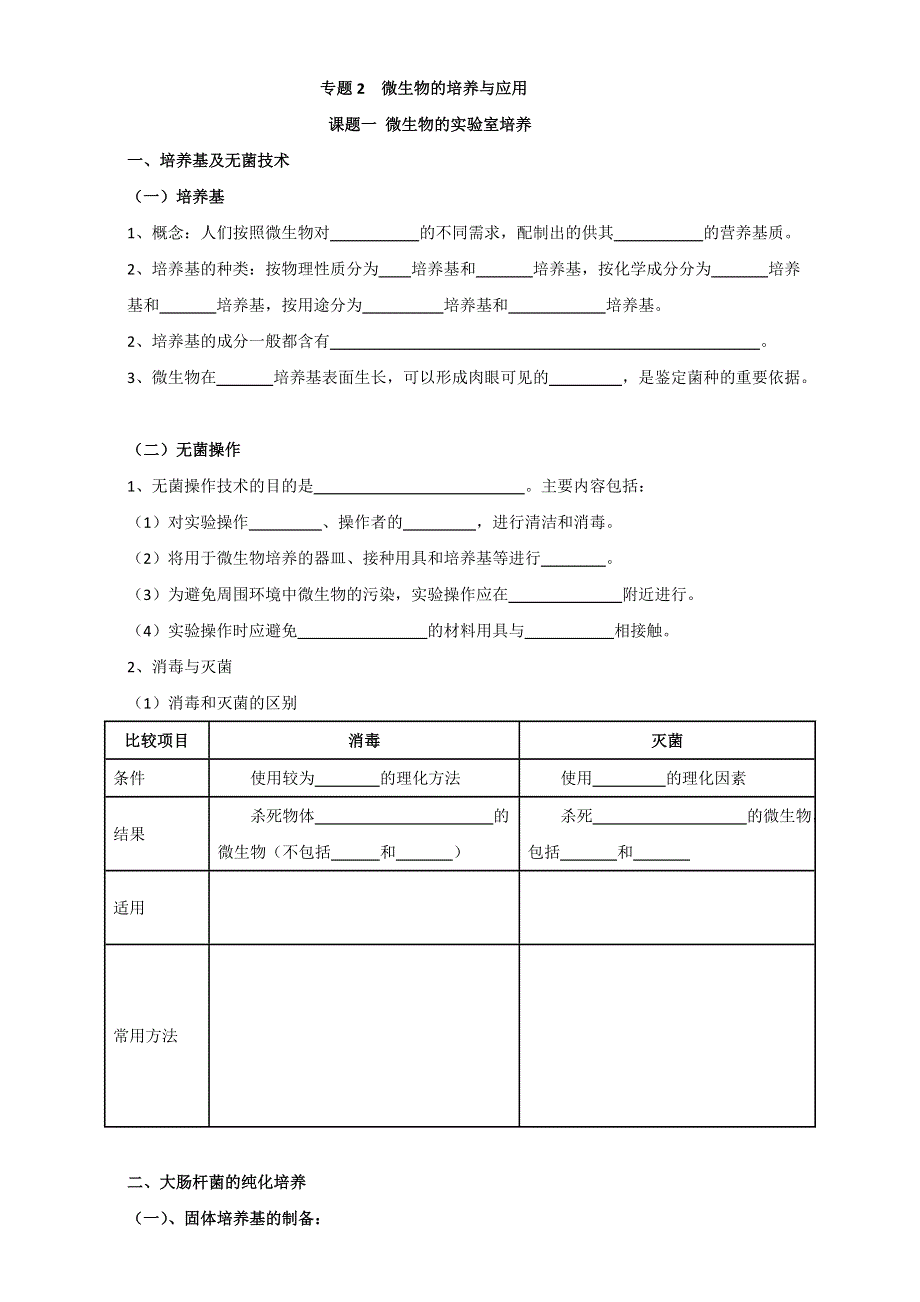 广西合浦廉州中学2人教版高中生物选修一导学案：专题2 课题1 微生物的实验室培养用 WORD版缺答案.doc_第1页