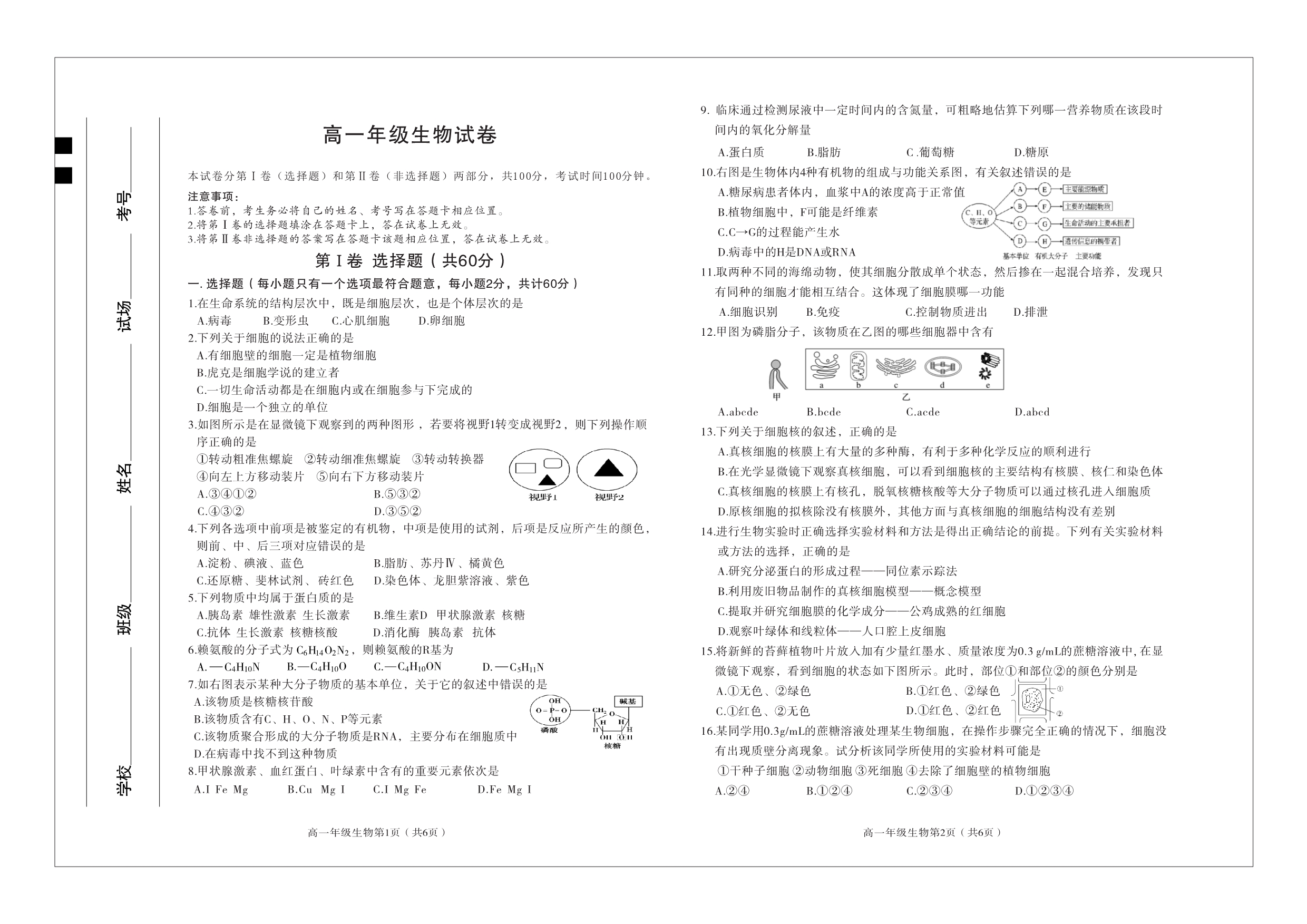 陕西省西安市西安中学2019-2020学年高一上学期期末考试生物试卷 PDF版含答案.pdf_第1页