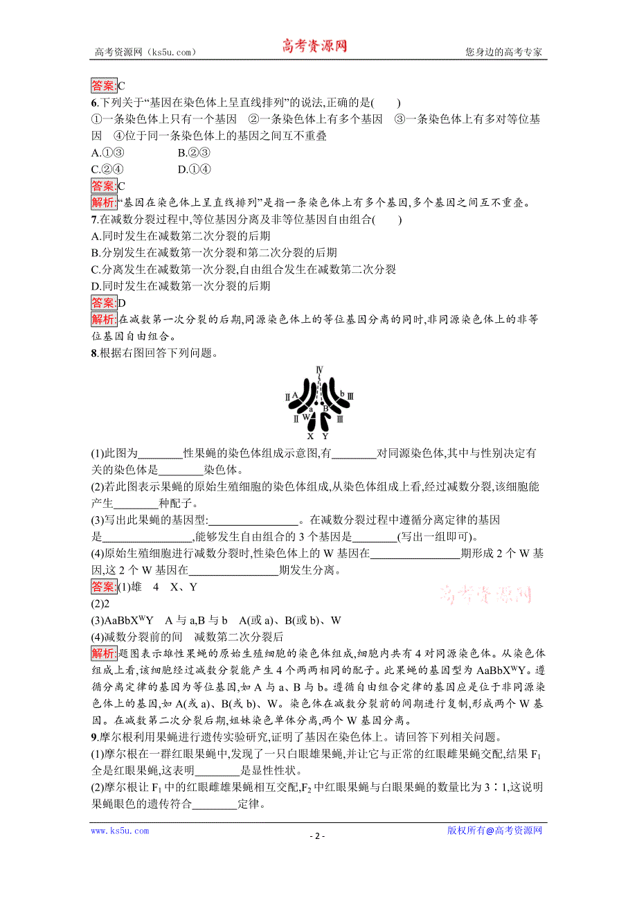 新教材2020-2021学年高中生物人教版必修第二册巩固练习：第2章 第2节　基因在染色体上 WORD版含解析.docx_第2页