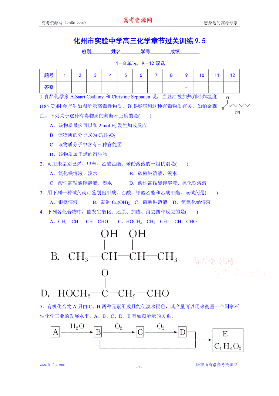 广东省化州市实验中学高三化学章节过关训练9.5.doc_第1页