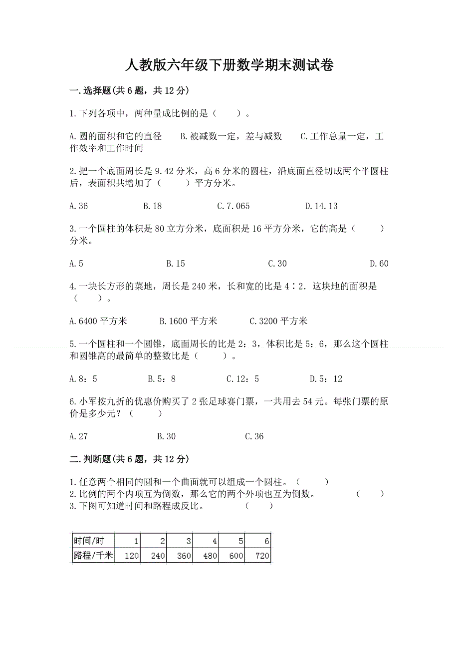 人教版六年级下册数学期末测试卷附参考答案【黄金题型】.docx_第1页