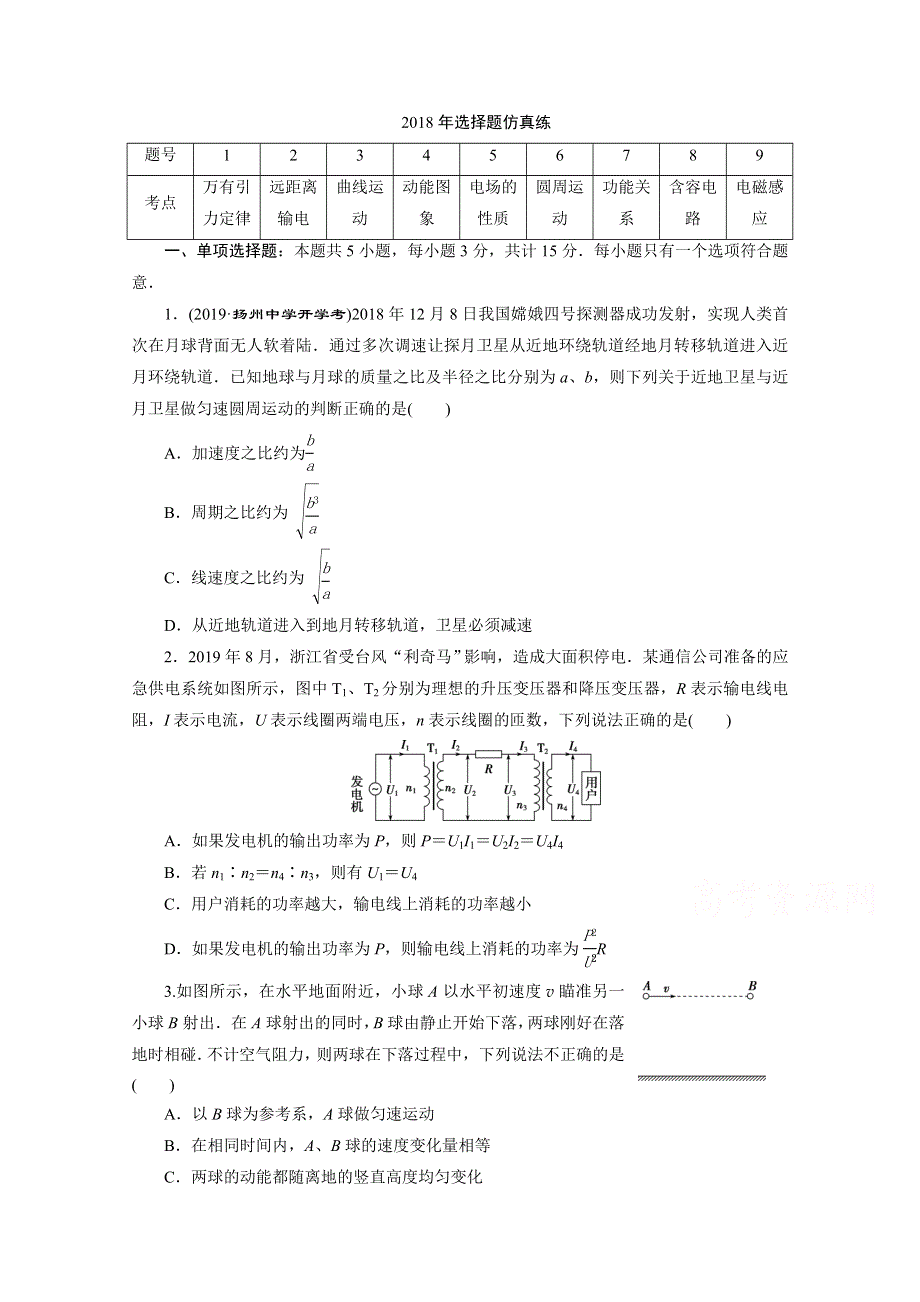 2020江苏高考物理二轮练习：2018年选择题仿真练 WORD版含解析.doc_第1页