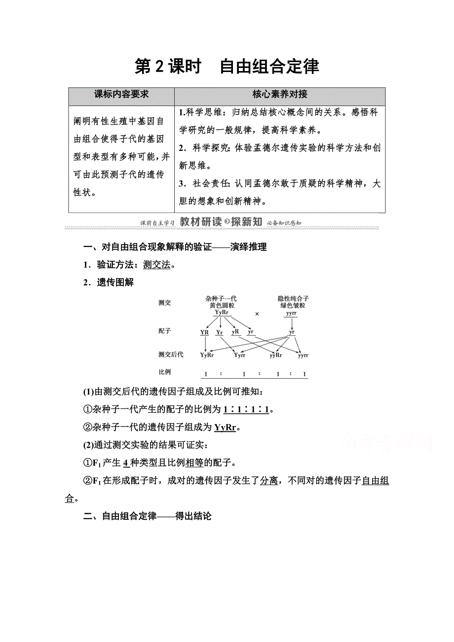 2020-2021学年新教材人教版生物必修2教师用书：第1章 第2节 第2课时　自由组合定律 WORD版含解析.doc_第1页