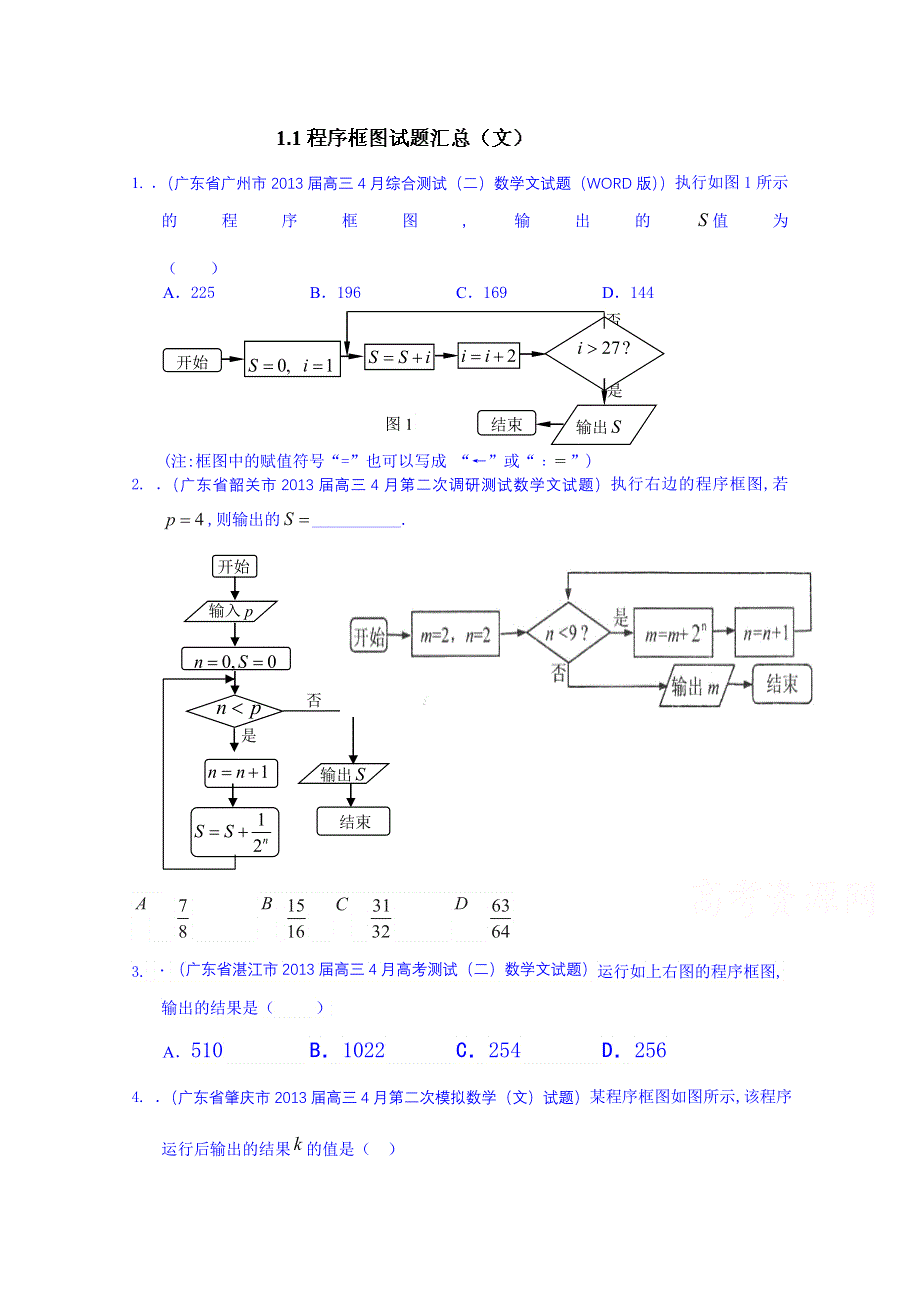 广东省化州市实验中学高中数学导学案必修三：1-1程序框图试题汇总.doc_第1页