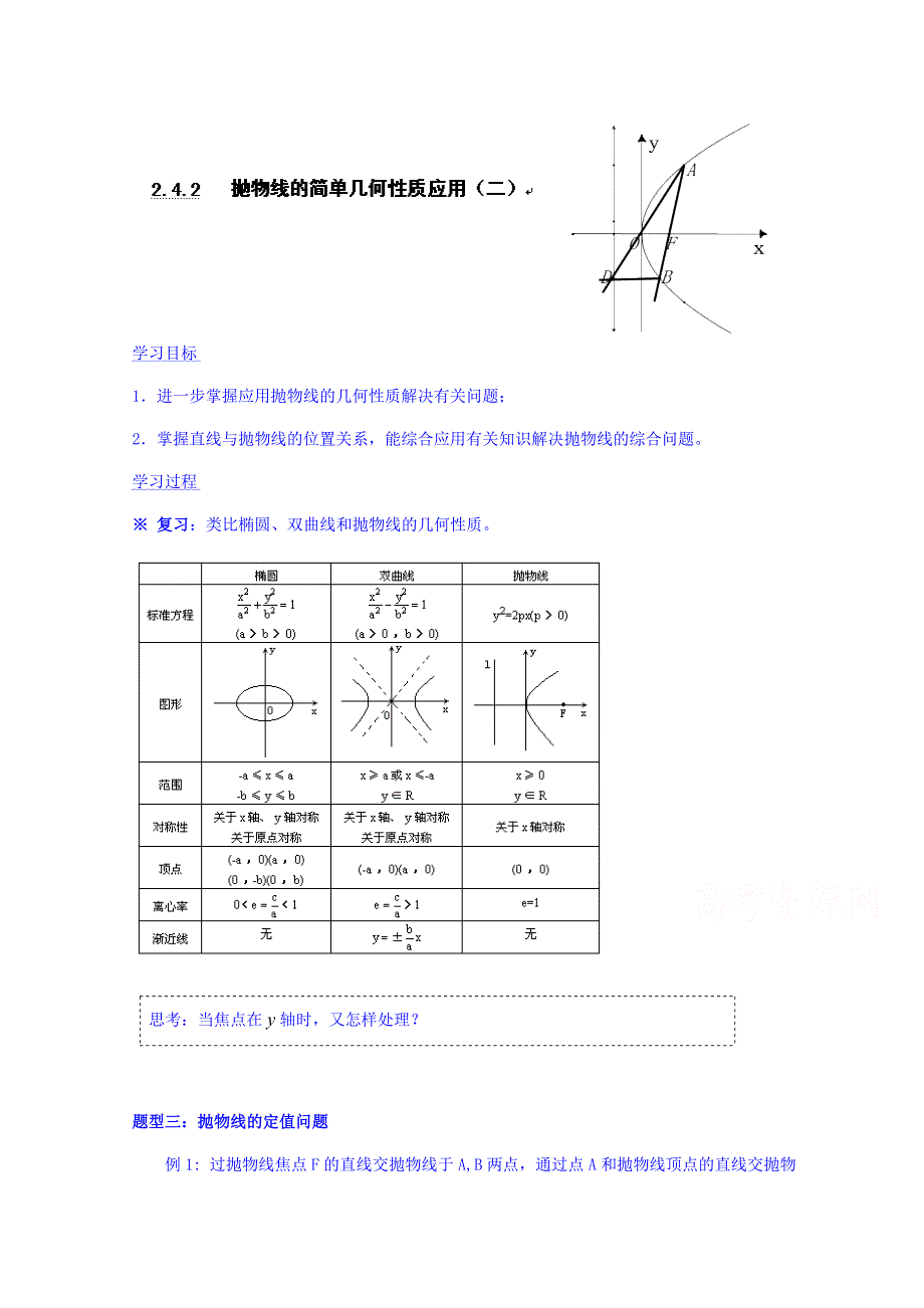 广东省化州市实验中学高中数学导学案选修2-1：第二章 2.4.2抛物线的简单几何性质（2） - 教师版.doc_第1页