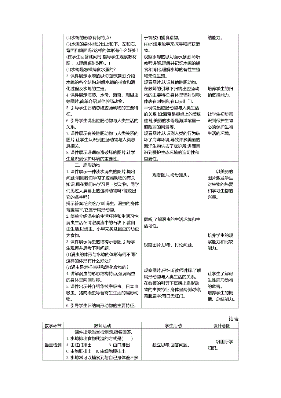 人教版（新课标）八年级生物上册：5.1.1 腔肠动物和扁形动物-教案（2）.doc_第2页