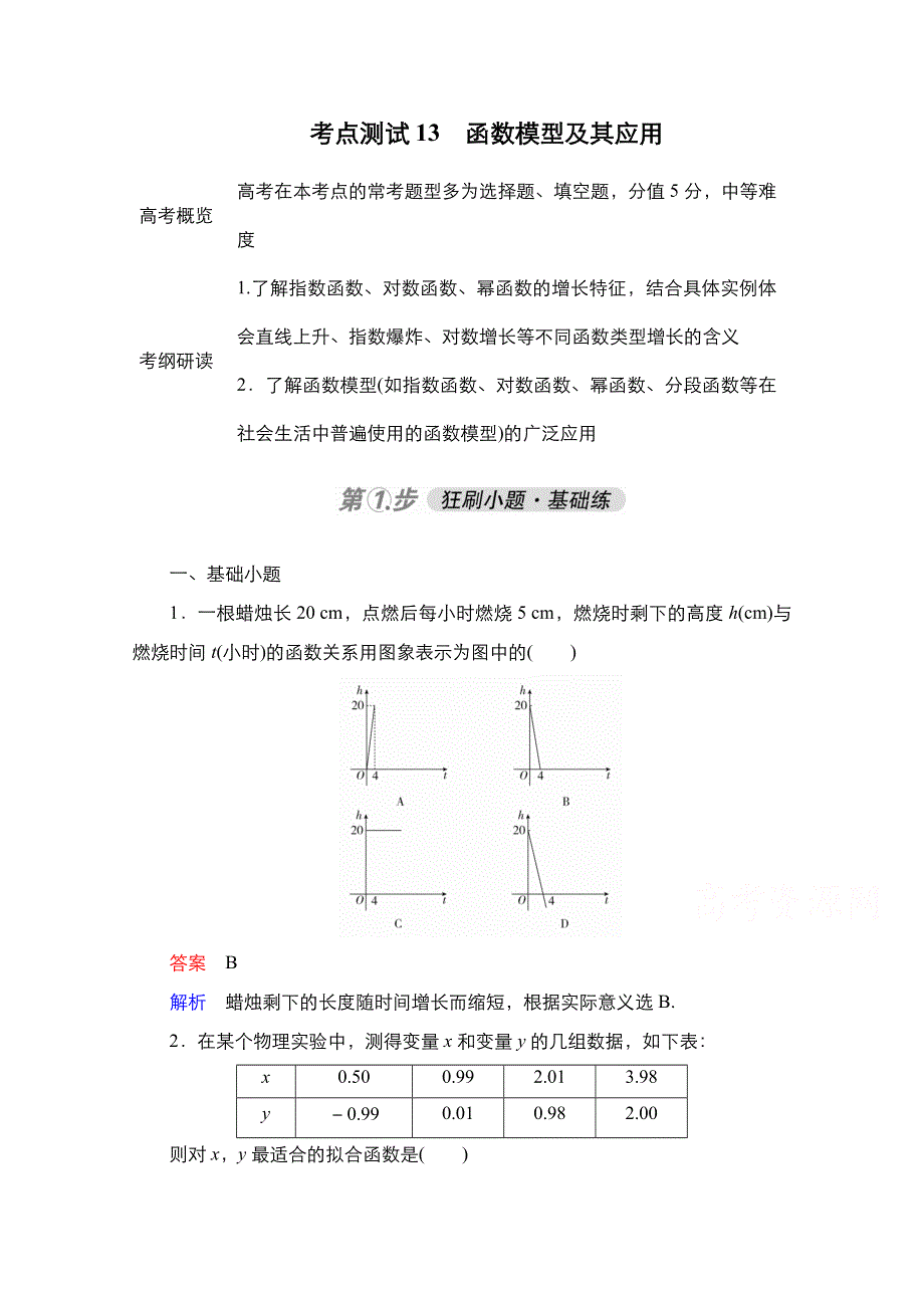 2021届高考数学人教B版一轮考点测试13　函数模型及其应用 WORD版含解析.doc_第1页