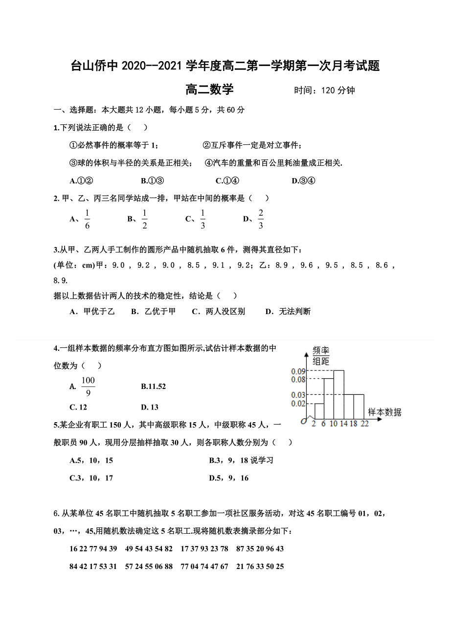 广东省台山市华侨中学2020-2021学年高二上学期第一次月考数学试题 WORD版含答案.doc_第1页