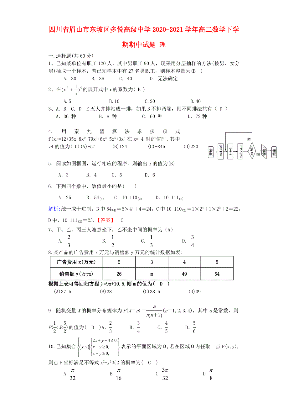 四川省眉山市东坡区多悦高级中学2020-2021学年高二数学下学期期中试题 理.doc_第1页