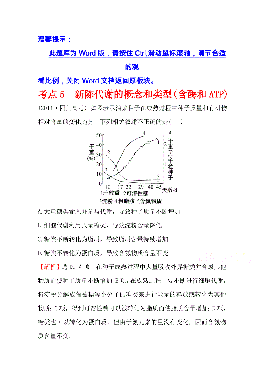 《全程复习方略》2016届高考生物（全国通用）总复习 2011年高考分类题库 人教大纲版 考点5新陈代谢的概念和类型（含酶和ATP）.doc_第1页