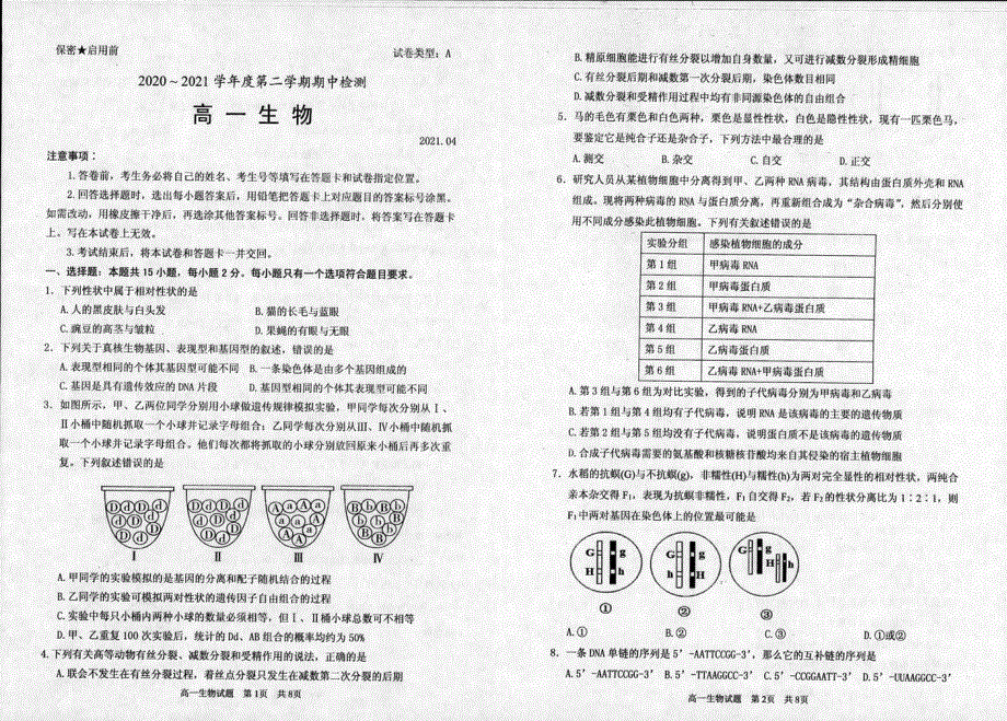 山东省枣庄市第八中学2020-2021学年高一下学期期中考试生物试题 扫描版含答案.pdf_第1页