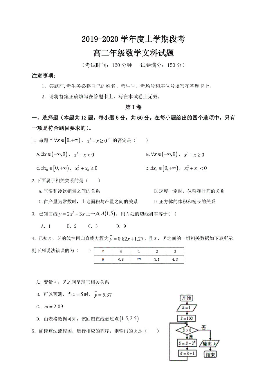 广西壮族自治区田阳高中2019-2020学年高二上学期期中考试数学（文）试题 WORD版含答案.doc_第1页