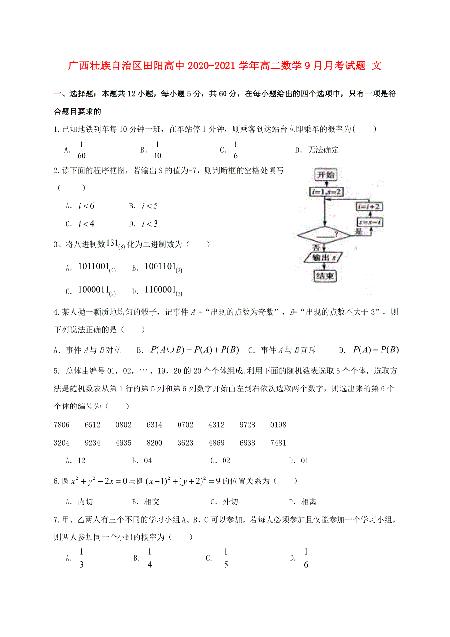 广西壮族自治区田阳高中2020-2021学年高二数学9月月考试题 文.doc_第1页