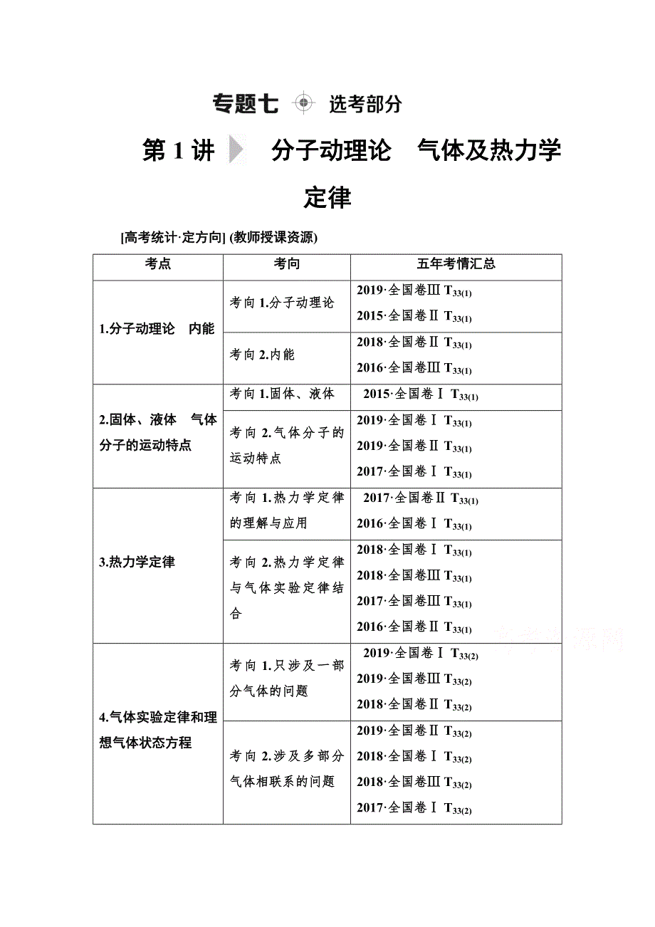 2020物理二轮教师用书：第1部分 专题7 第1讲 分子动理论　气体及热力学定律 WORD版含解析.doc_第1页